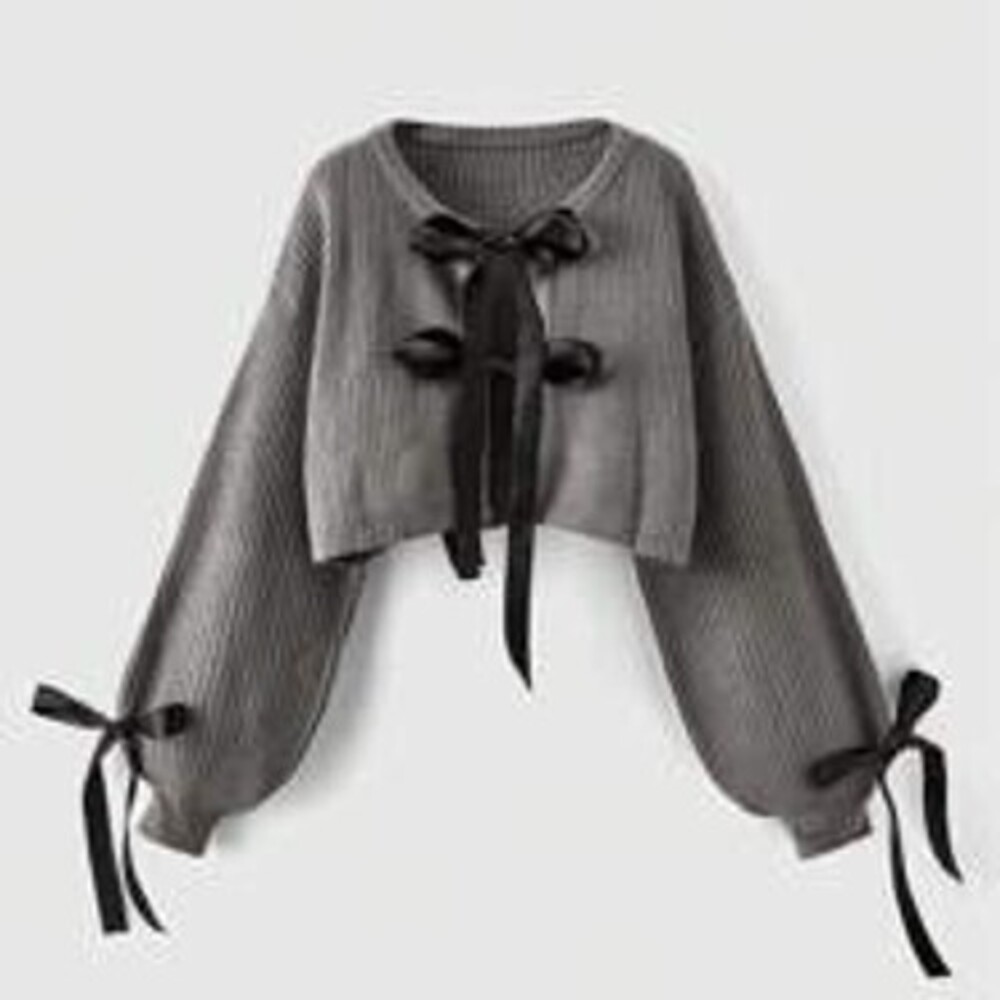 ROMWE Kawaii Kawaii Oversized Bow Decorated Lantern Sleeve Loose Plus Size Knit…